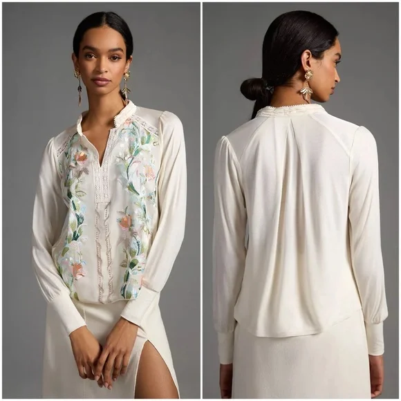 Tiny | Anthropologie Hartford Embroidered Top, Ivory/ Cream, Size XS - Picture 2 of 10